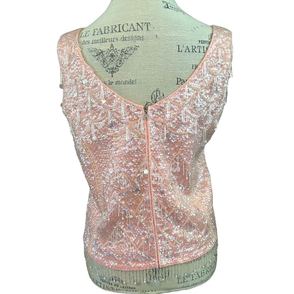 Vintage 1950s beaded teardrop light pink sleeveless wool top from Hartley’s sz M - Picture 2 of 11